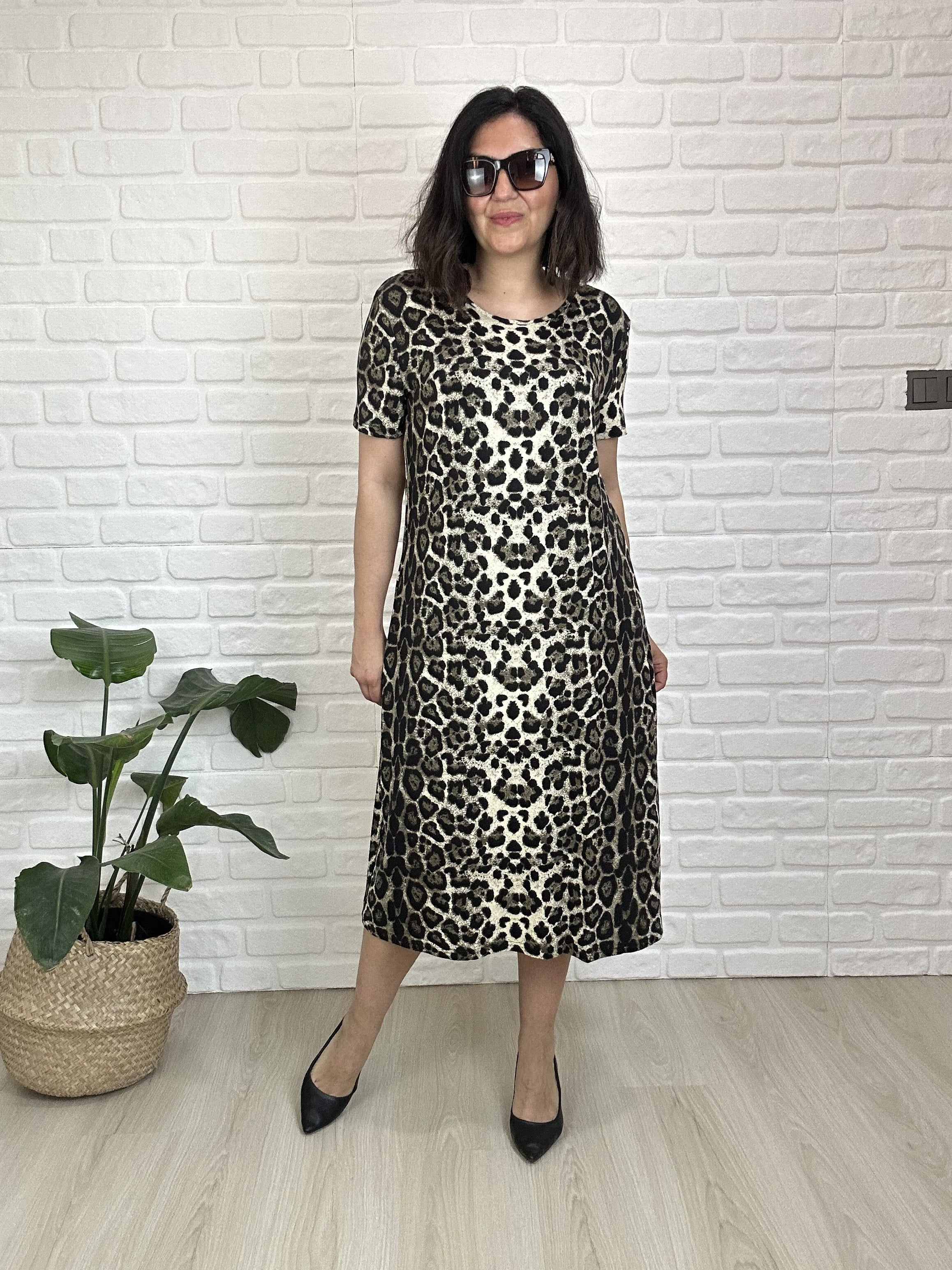 Büyük Beden Esnek  Viskon Penye Leopar Desenli  Elbise -BGE194