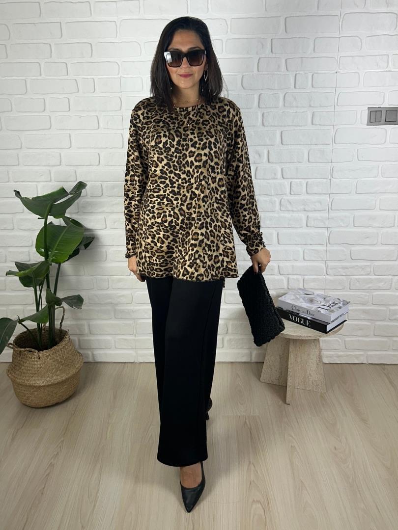 Büyük Beden Leopar Desenli Bluz-Pantolon İkili Takım-bgt51