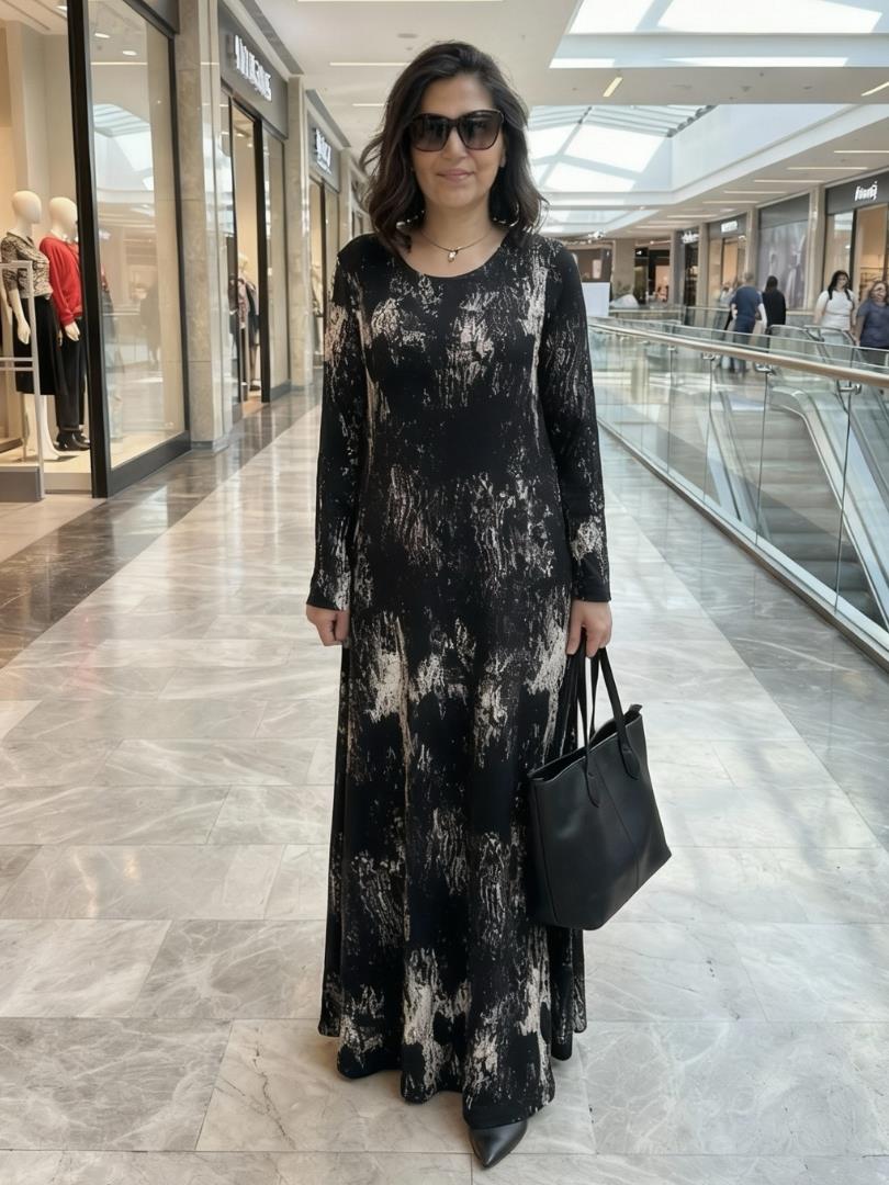 Büyük Beden Uzun Lıkralı Cepli Vıskon Siyah Beyaz Batik Desen Penye Elbise-BGE142
