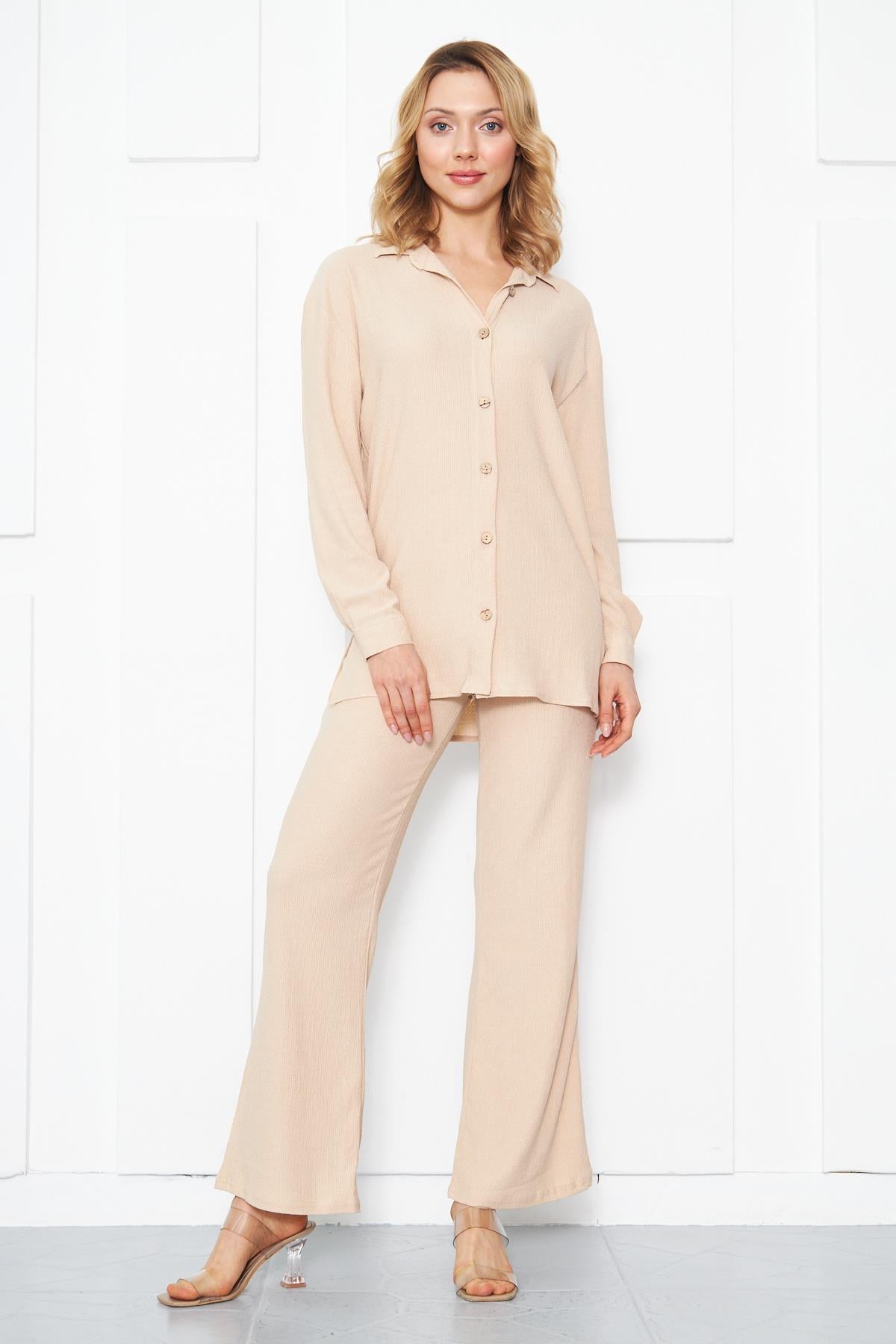 Crinkle örme bej 2li takım set - Charamela