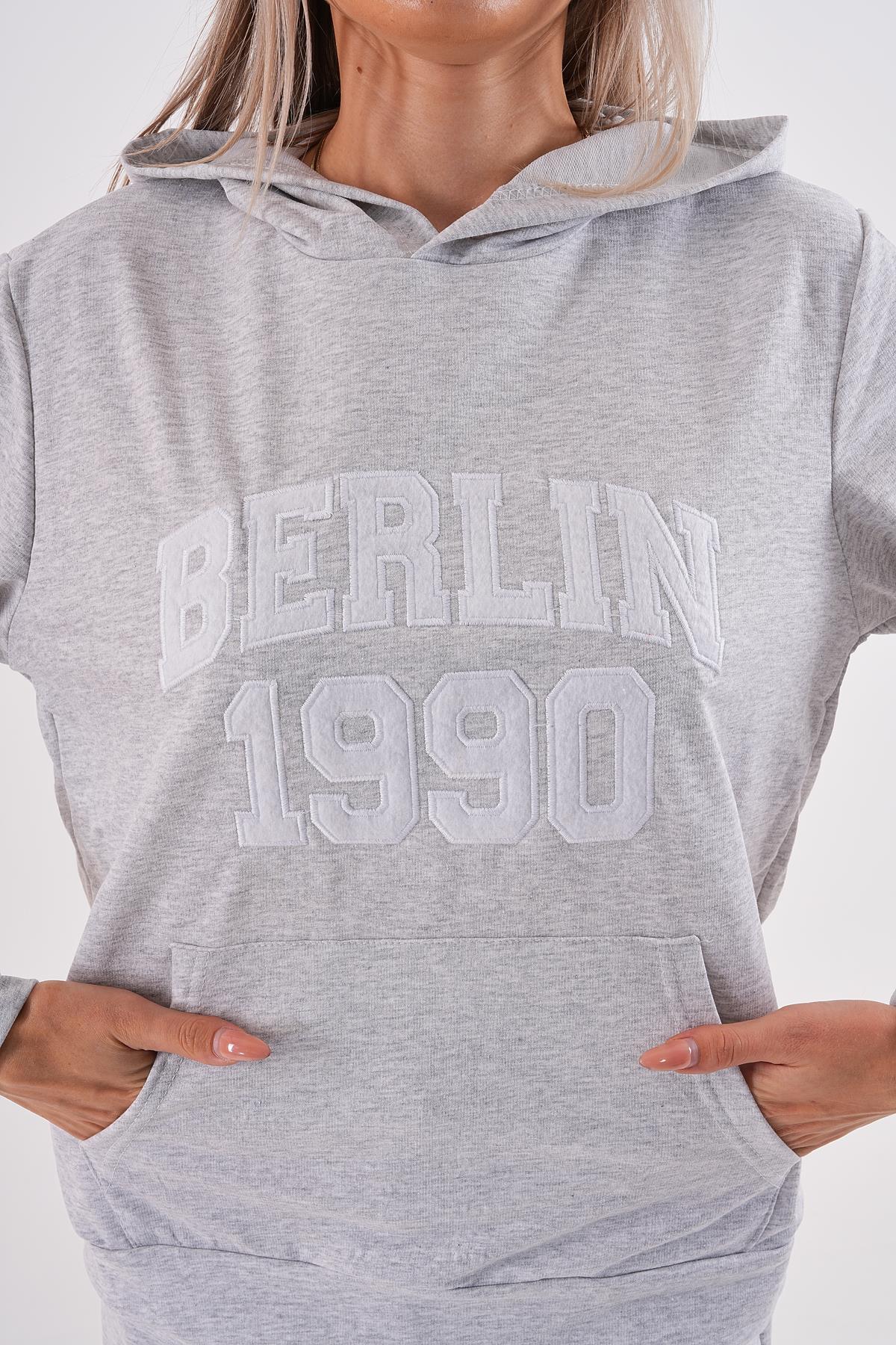 Gri melange iki iplik berlin nakışlı eşofman seti - Charamela