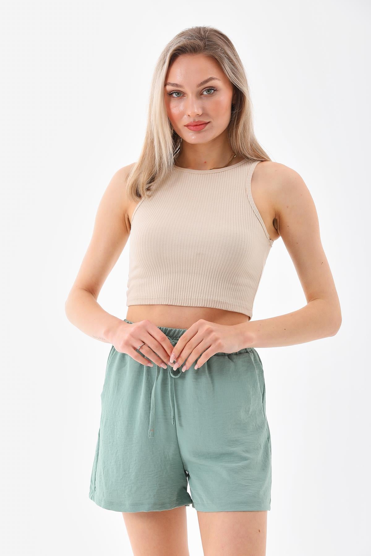 Kadin belden lastikli dokuma şort - Charamela