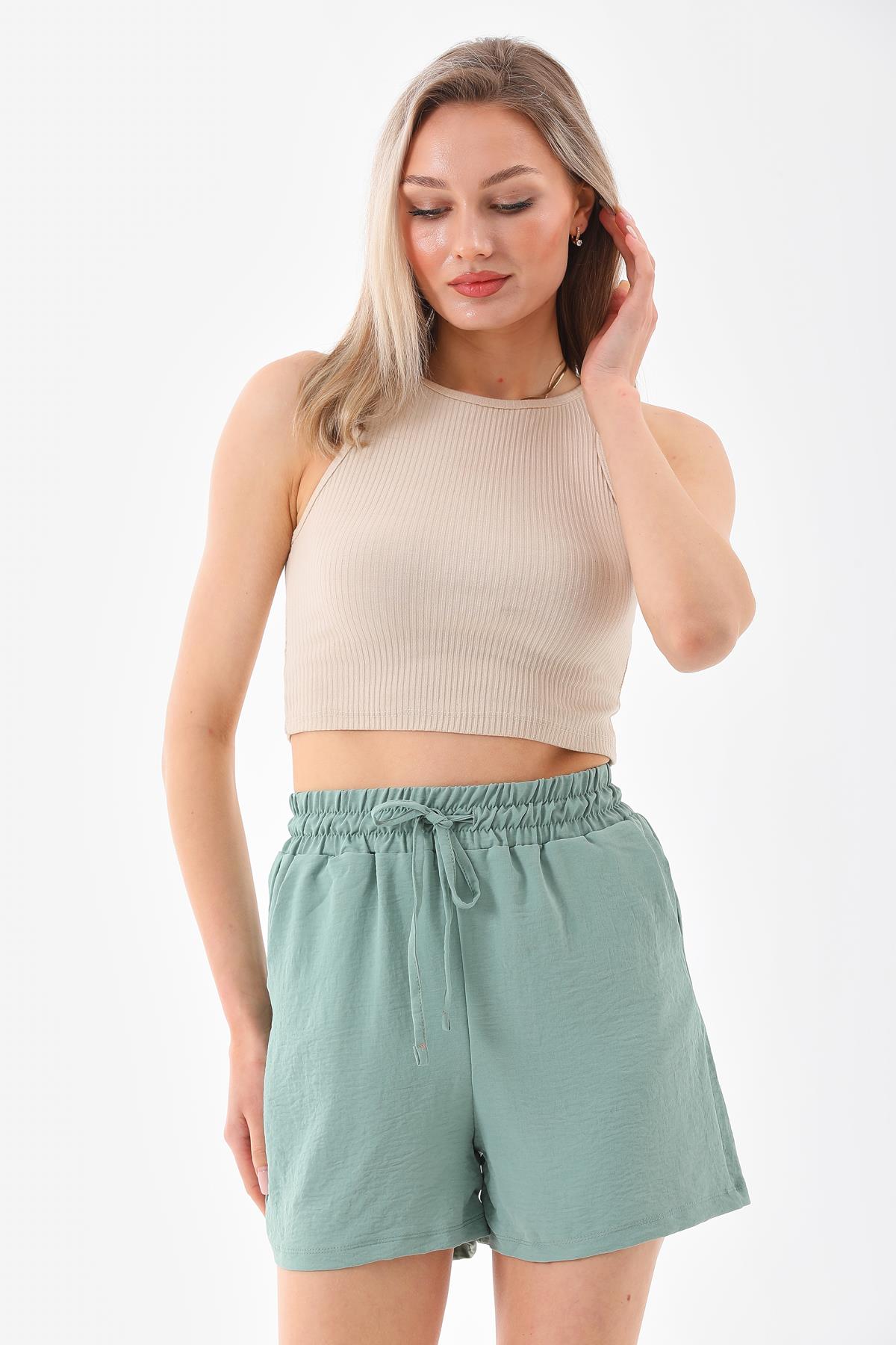 Kadin belden lastikli dokuma şort - Charamela