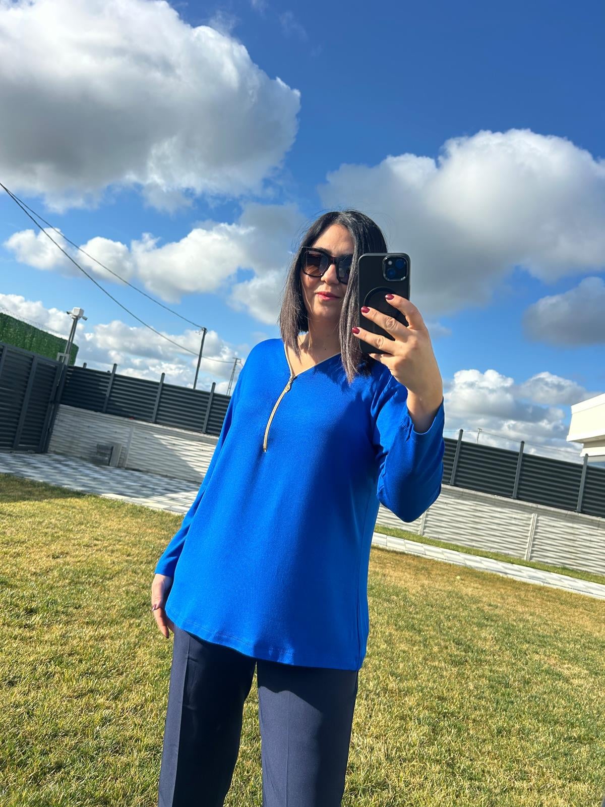 Kadın büyük beden triko görünümlü örme fermuar detaylı bluz-bgb102 - Charamela