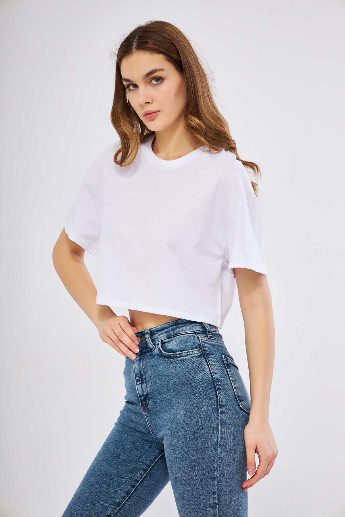 Oversize beyaz crop t-shirt - Charamela