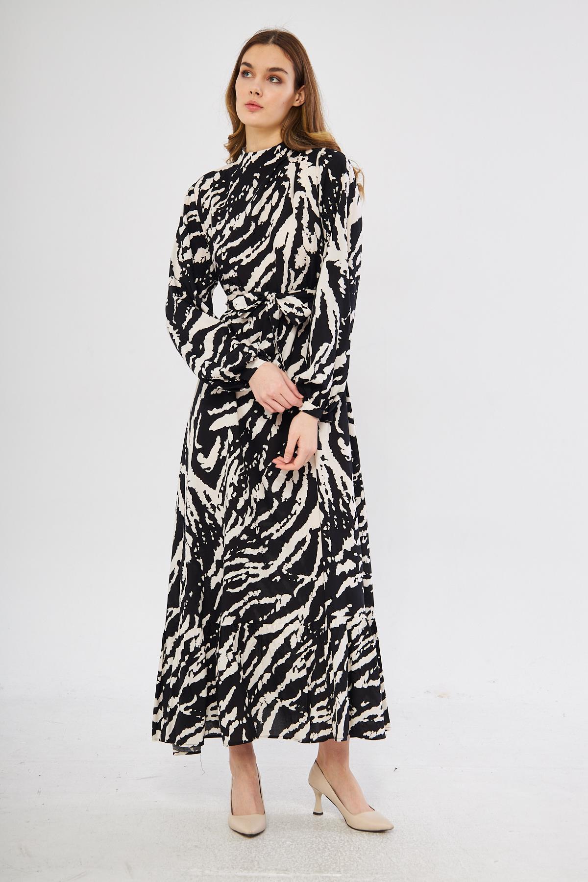 Siyah desenli maxi elbise - Charamela