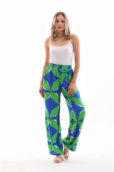 Kadın yeşil mavi desenli rahat kesim palazzo pantolon - Charamela