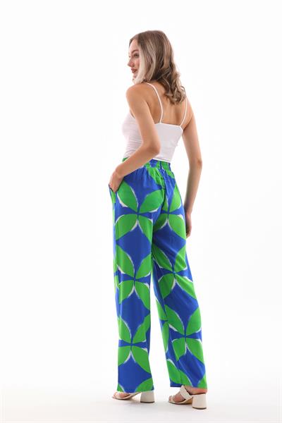 Kadın yeşil mavi desenli rahat kesim palazzo pantolon - Charamela