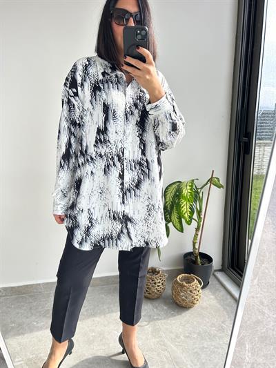 Baskılı uzun kollu viskon kadın gömlek - Charamela