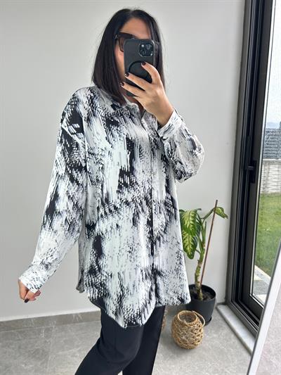 Baskılı uzun kollu viskon kadın gömlek - Charamela