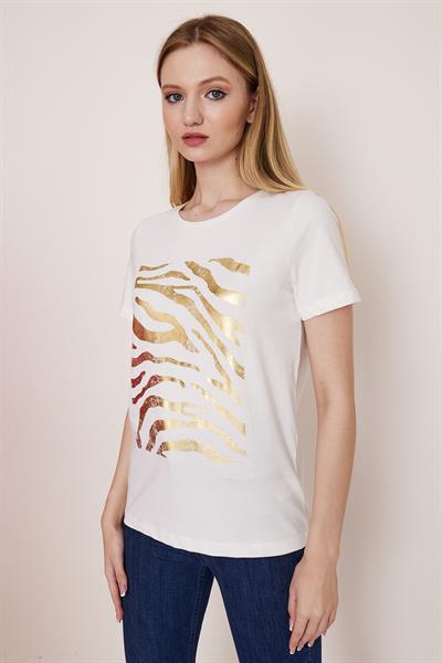 Beyaz baskılı pamuk t-shirt - Charamela