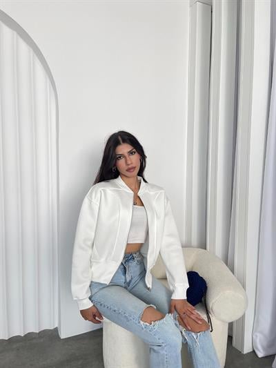 Beyaz fermuarlı şardonlu bomber sweatshirt - Charamela