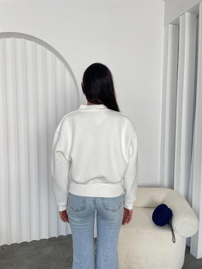 Beyaz fermuarlı şardonlu bomber sweatshirt - Charamela