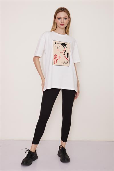 Beyaz oversize baskılı pamuk t-shirt - Charamela