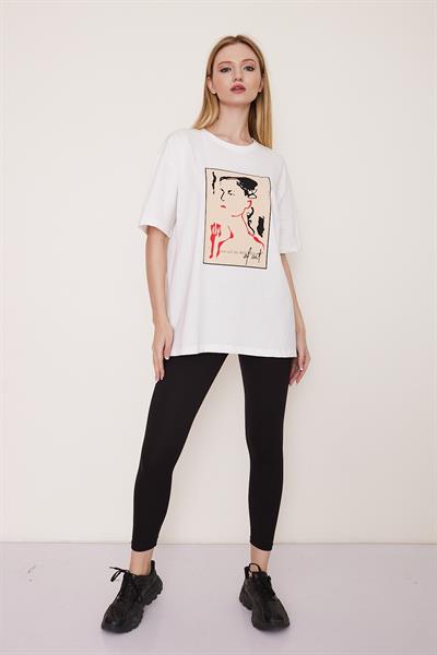 Beyaz oversize baskılı pamuk t-shirt - Charamela