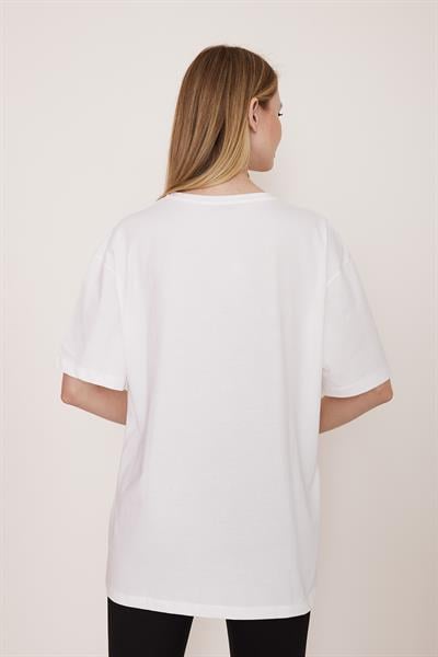 Beyaz oversize baskılı pamuk t-shirt - Charamela