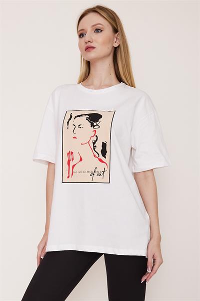 Beyaz oversize baskılı pamuk t-shirt - Charamela