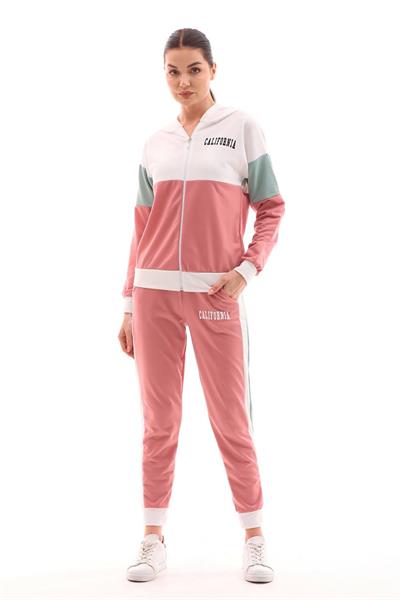 Beyaz pembe mint colour block iki iplik eşofman seti - Charamela