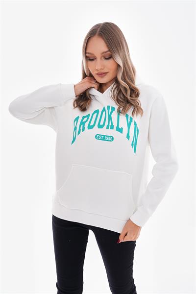 Beyaz üç i̇plik şardonlu brooklyn baskılı sweatshirt - Charamela