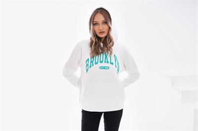 Beyaz üç i̇plik şardonlu brooklyn baskılı sweatshirt - Charamela