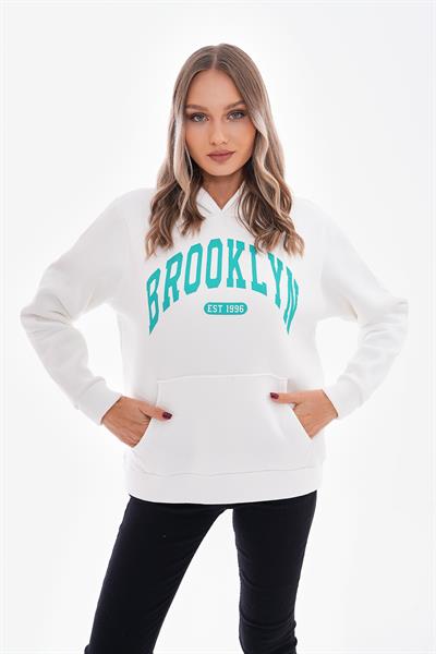 Beyaz üç i̇plik şardonlu brooklyn baskılı sweatshirt - Charamela