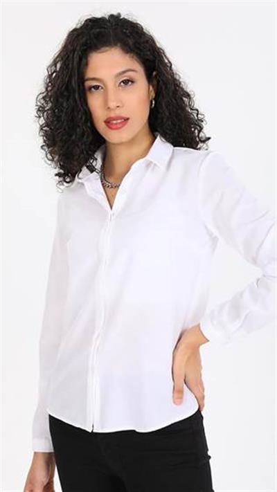 Beyaz uzun kollu likrali şık smart kadın gömlek - Charamela
