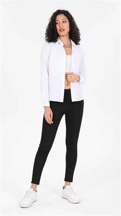 Beyaz uzun kollu likrali şık smart kadın gömlek - Charamela