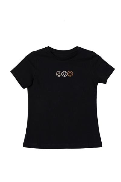 Bisiklet yaka nakışlı kız çocuk t-shirt - Charamela