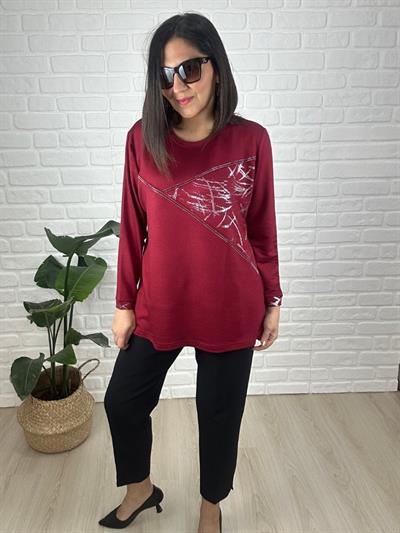 Büük Beden Parlak Baskılı Tas Detaylı Lıkralı Viskon Penye Bluz -bgb146