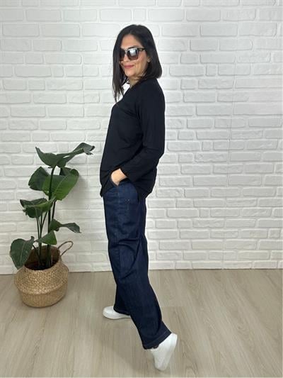 Büyük Beden Beli Lastikli  Bol Paça Yüksek Belli Yumuşak Doku Jeans Kot Pantolon-BGP82