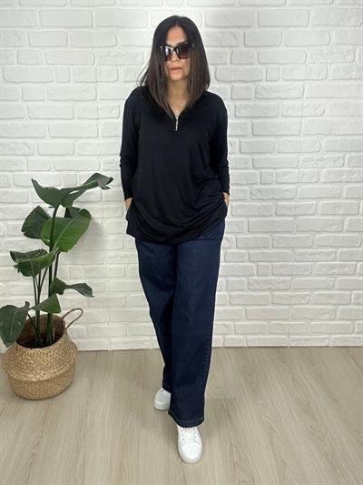 Büyük Beden Beli Lastikli  Bol Paça Yüksek Belli Yumuşak Doku Jeans Kot Pantolon-BGP82