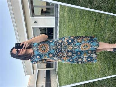 Büyük beden diz altı çiçek desenli örme elbise -bge89 - Charamela