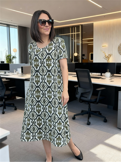 Büyük beden diz altı desenli örme elbise -bge97 - Charamela