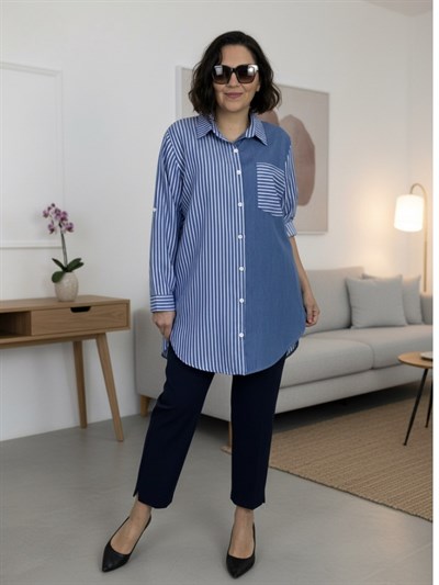 Büyük Beden Dokuma Kumas Denim Detaylı Çizgili Gömlek-bgg54