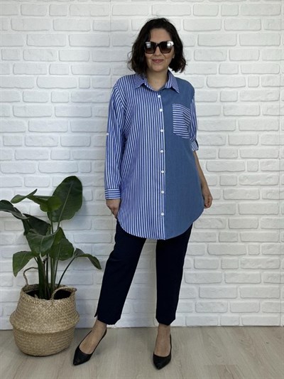 Büyük Beden Dokuma Kumas Denim Detaylı Çizgili Gömlek-bgg54