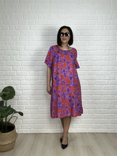 Büyük Beden Dokuma Viskon  Pamuk Kumaş Diz Altı Elbise-bge170