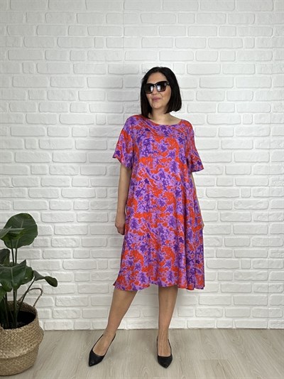 Büyük Beden Dokuma Viskon  Pamuk Kumaş Diz Altı Elbise-bge170