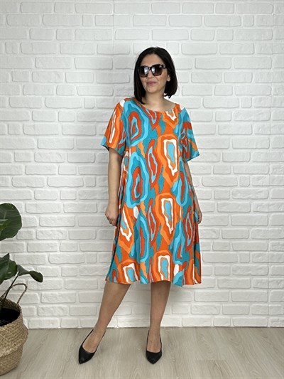 Büyük Beden Dokuma Viskon  Pamuk Kumaş Diz Altı Elbise-bge168