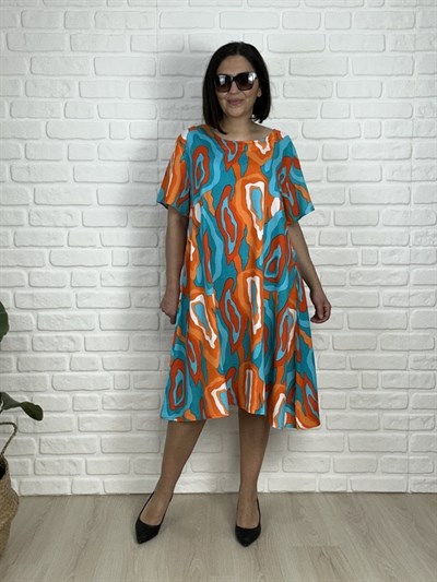 Büyük Beden Dokuma Viskon  Pamuk Kumaş Diz Altı Elbise-bge168