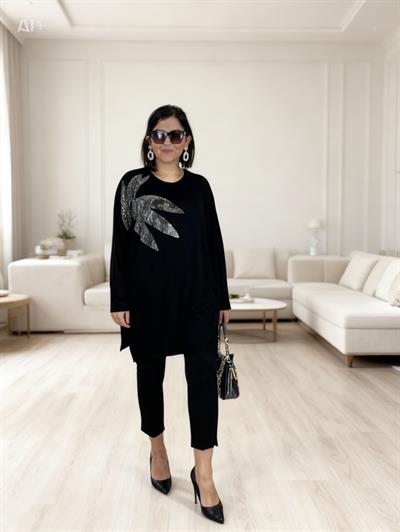 Büyük Beden Düşük Omuzlu Kolu  Taş Baskılı Geniş Kalıp Lıkralı Vıskon Penye Bluz -BGB159