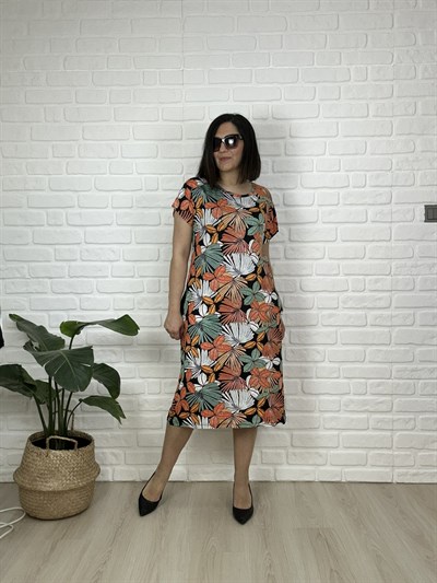 Büyük Beden Esnek  Çiçek Desenli Viskon Penye Cep Detaylı  Elbise -BGE177