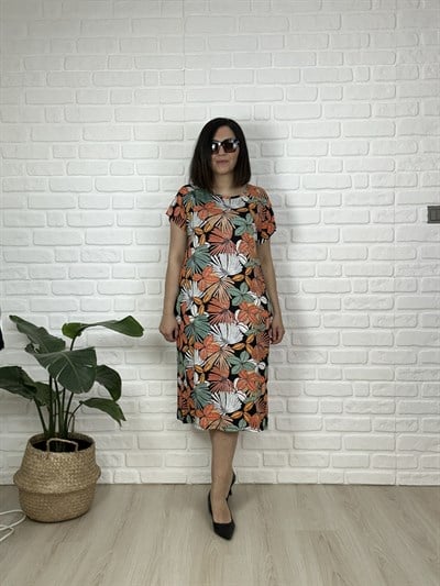 Büyük Beden Esnek  Çiçek Desenli Viskon Penye Cep Detaylı  Elbise -BGE177