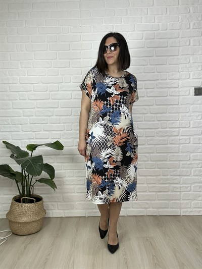 Büyük Beden Esnek  Çiçek Desenli Viskon Penye Cep Detaylı  Elbise -BGE180