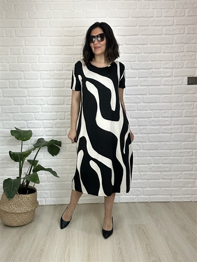 Büyük Beden Esnek  Viskon Penye  Desenli  Elbise -BGE195