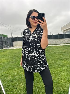 Büyük beden fermuarlı desenli  penye viskon bluz - Charamela