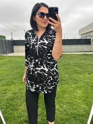 Büyük beden fermuarlı desenli  penye viskon bluz - Charamela