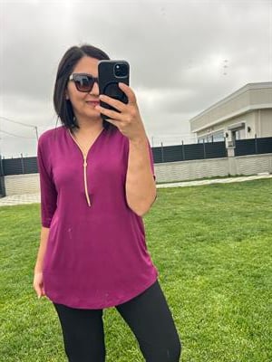 Büyük beden fermuarlı penye viskon bluz - Charamela