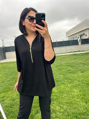 Büyük beden fermuarlı penye viskon bluz - Charamela