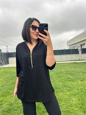 Büyük beden fermuarlı penye viskon bluz - Charamela