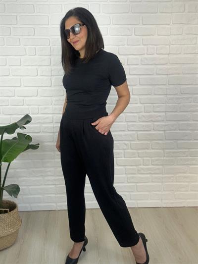 Büyük Beden Kendinden Çizgili Modal Kumaş Beli Lastikli Pantolon-bgp83